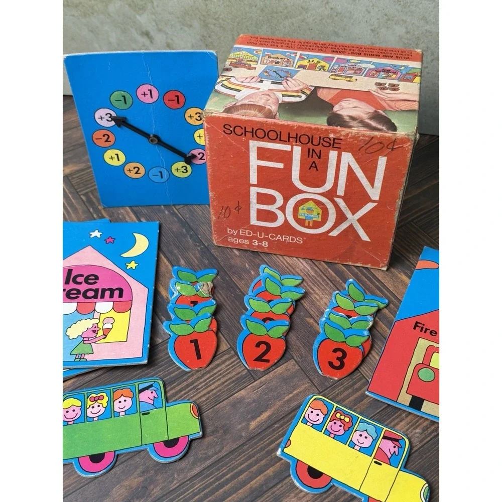 Vintage 1969 Ed-U-Cards Fun Box Plus and Minus Schoolbus Game